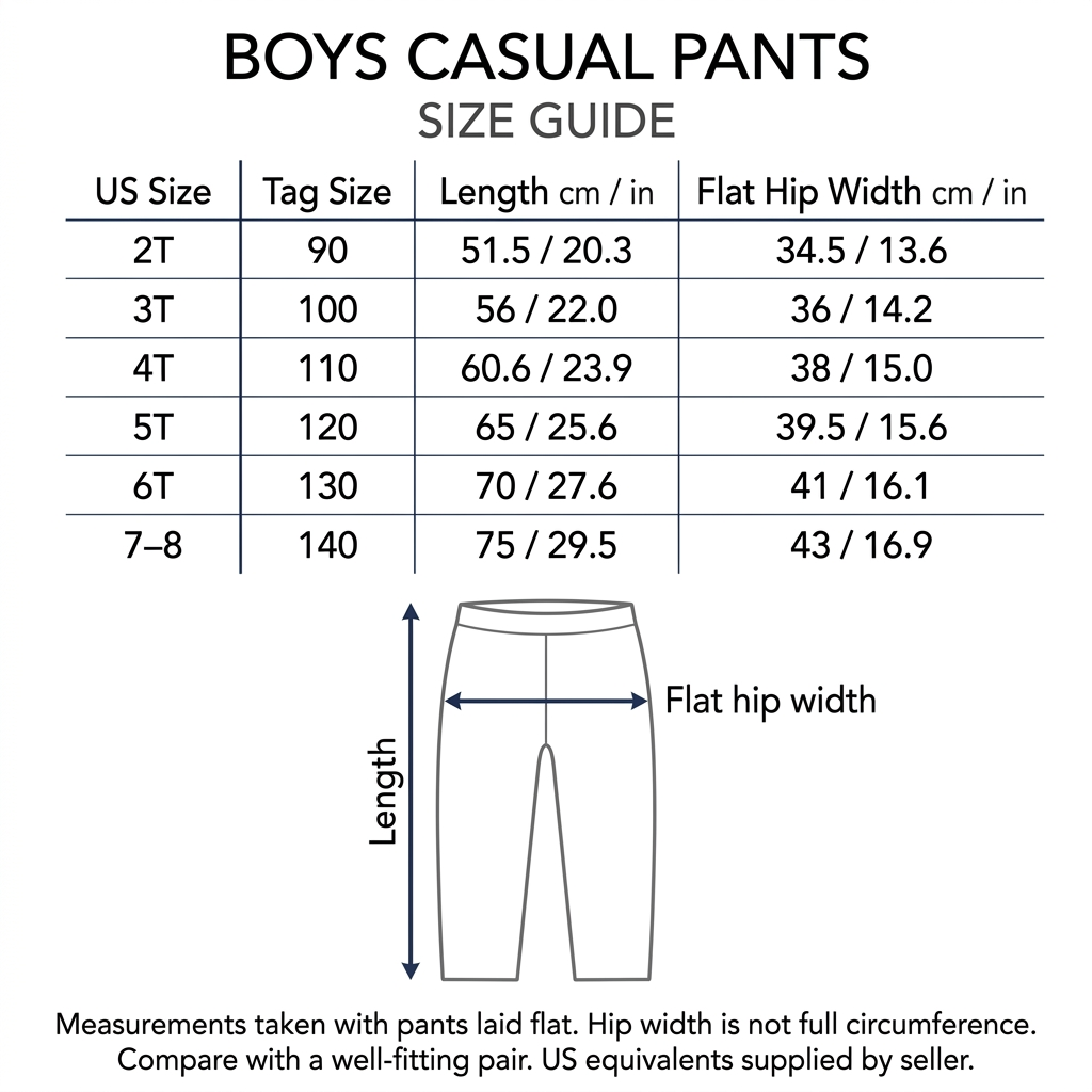Boys casual pants size chart with centimeters, inches, and flat hip measurements